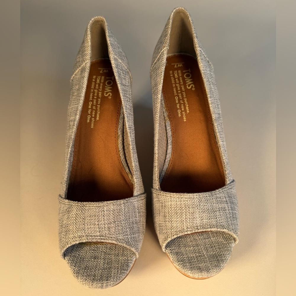 TOMS Stella Grey Woven Peep-Toe Wedge - Picture 5 of 12